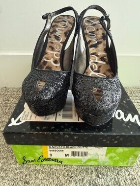 Sam Edelman Black Glitter Platform Slingback Peep-Toe Heels